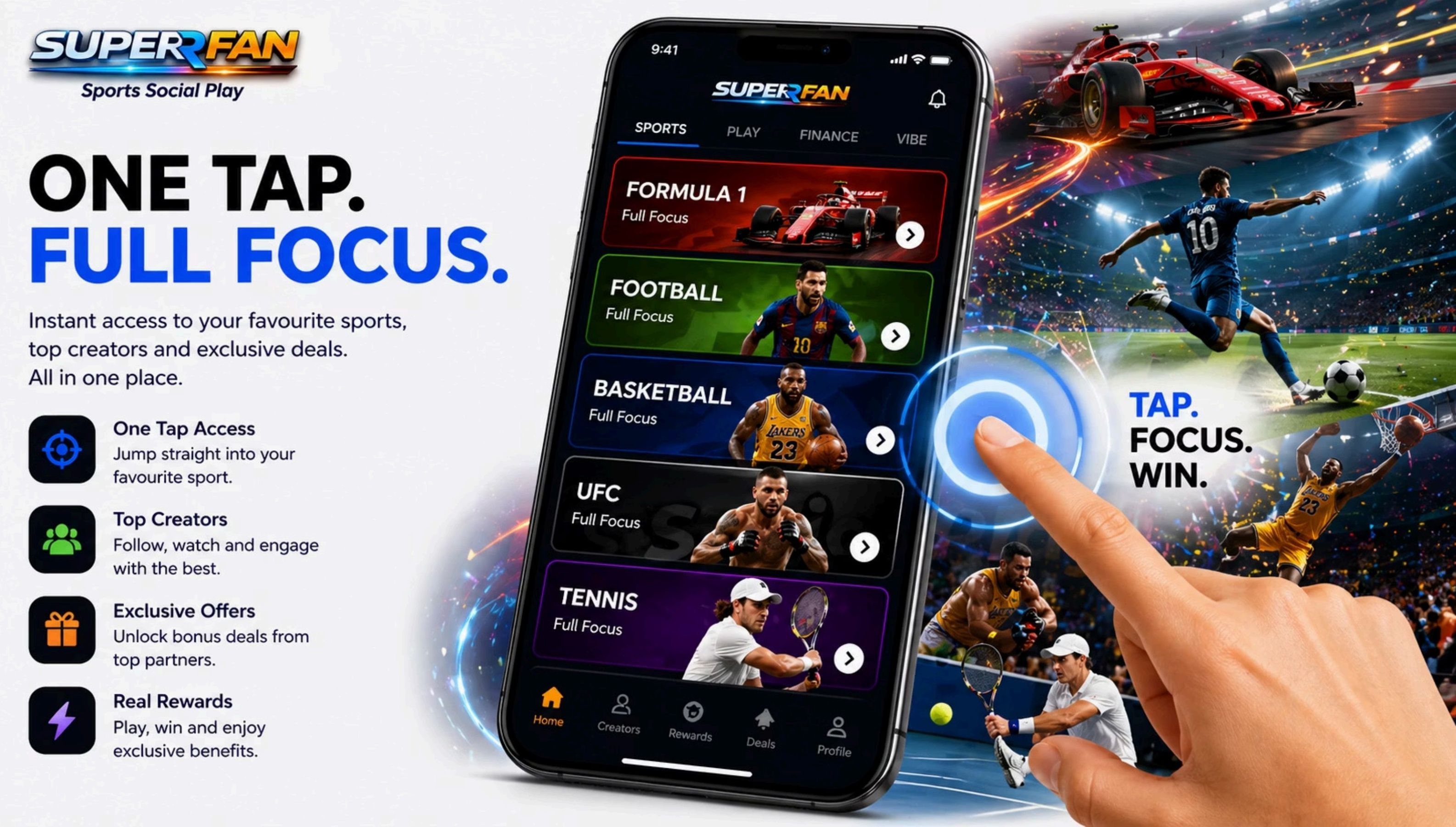 SUPERFAN mobile app — One Tap Full Focus on Formula 1, Football, Basketball, UFC and Tennis