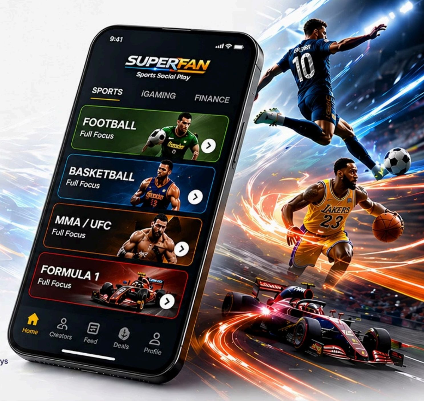 SUPERFAN mobile app — Sports, iGaming, Finance feeds with Football, Basketball, MMA and Formula 1